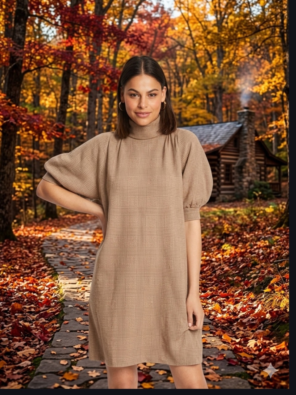 Zara, Camel brown,Turtleneck, 3/4 Length Balloon Sleeve,Pintuck detail M